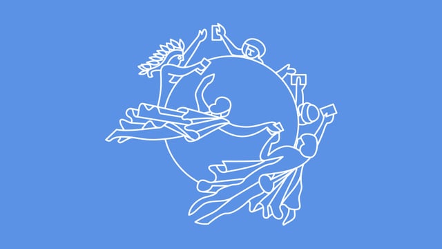 Ein Kreis, um den verschiedene Figuren Hand in Hand fliegen. Ein Kreis, um den verschiedene Figuren Hand in Hand fliegen.