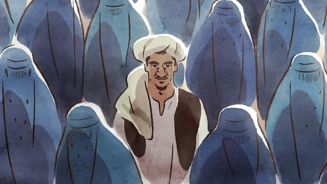 Ein Mann in einem blauen Meer von Tschadors. Ein Mann in einem blauen Meer von Tschadors.