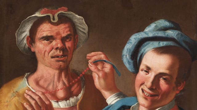 Ölgemälde eines Mannes in Frauenkleidung. Ein anderer Mann zieht ihm ein Kette an. Ölgemälde eines Mannes in Frauenkleidung. Ein anderer Mann zieht ihm ein Kette an.