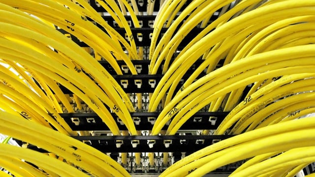 Zahlreiche gelbe Kabel bei einem Computerserver. Zahlreiche gelbe Kabel bei einem Computerserver.