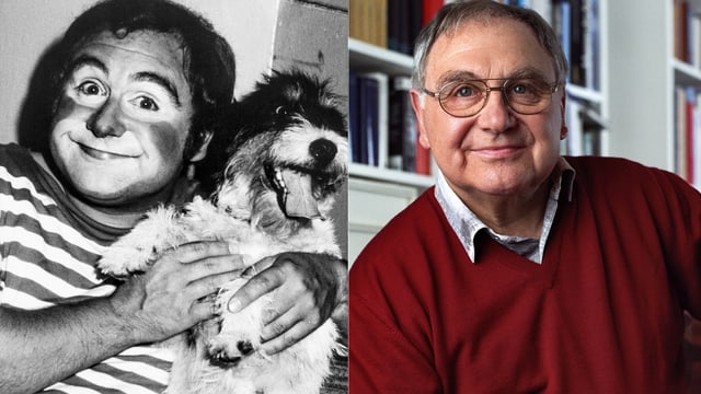 Zwei Aufnahmen von Jörg Schneider: In schwarzweiss als Clown geschminkt und mit Hund. Und ein farbiges Bild im roten Pulli. Zwei Aufnahmen von Jörg Schneider: In schwarzweiss als Clown geschminkt und mit Hund. Und ein farbiges Bild im roten Pulli.