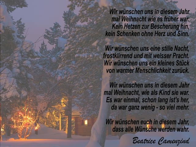 Ein Gedicht auf einem Bild mit einer Waldhütte im Winter.