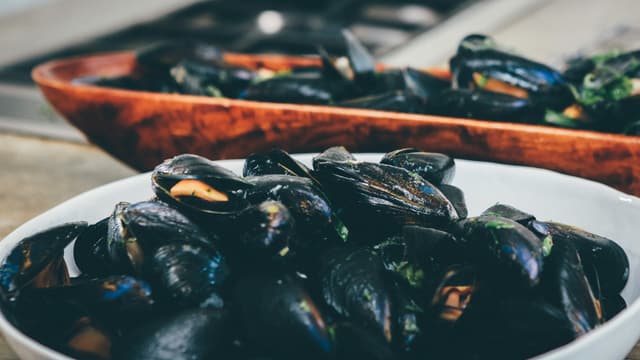 Ein Teller voll mit «Moules marinières». Im Hintergrund eine Schüssel mit Muschelschalen Ein Teller voll mit «Moules marinières». Im Hintergrund eine Schüssel mit Muschelschalen