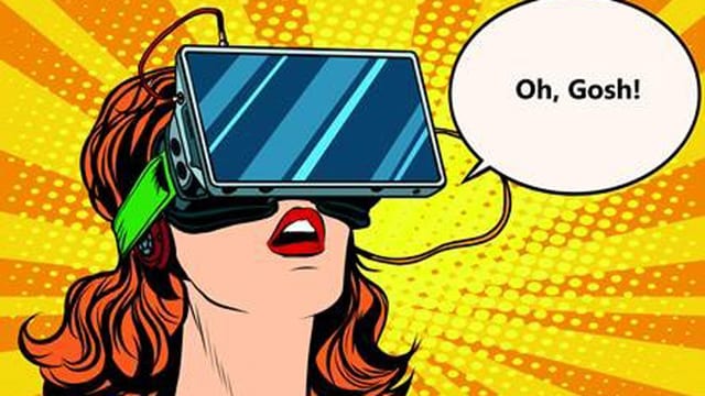 Comic von einer erstaunten Frau mit Virtual-Reality-Brille. Comic von einer erstaunten Frau mit Virtual-Reality-Brille.