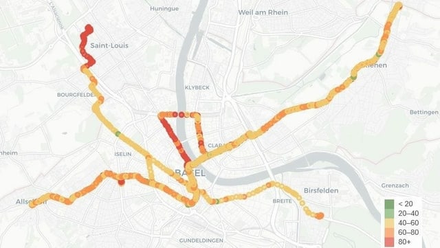 Vor allem entlang des Rheins und im Elsass registrierten die Trams eine hohe Belastung mit Feinstaub. Vor allem entlang des Rheins und im Elsass registrierten die Trams eine hohe Belastung mit Feinstaub.
