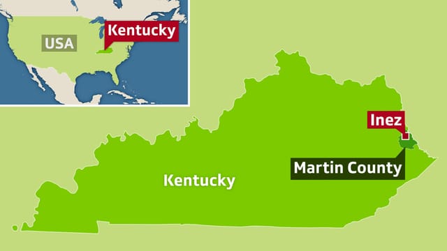 Karte der USA mit Kentucky, dem Martin County und Inez. Karte der USA mit Kentucky, dem Martin County und Inez.