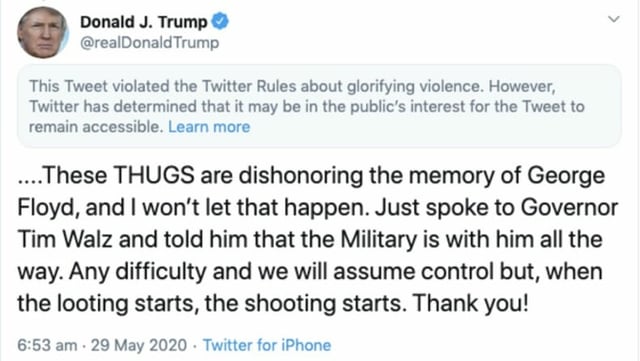 Der Tweet von Trump ist mit einem Warnhinweis wegen Gewaltverrherrlichung versehen.
