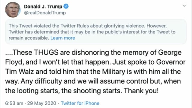 Der Tweet von Trump ist mit einem Warnhinweis wegen Gewaltverrherrlichung versehen. Der Tweet von Trump ist mit einem Warnhinweis wegen Gewaltverrherrlichung versehen.