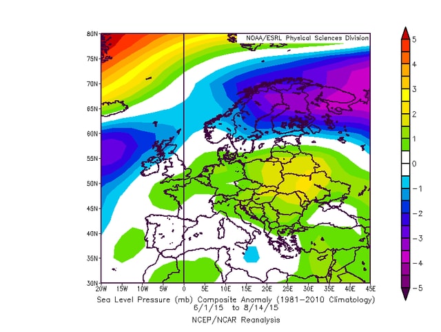 In Skandinavien negative Abweichungen, in der Mitte und im Süden Europas positive Werte. In Skandinavien negative Abweichungen, in der Mitte und im Süden Europas positive Werte.