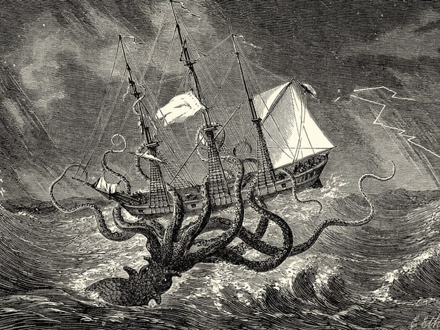 Bild eines Schiffes, das von eienr Riesenkrake angegriffen wird. Bild eines Schiffes, das von eienr Riesenkrake angegriffen wird.