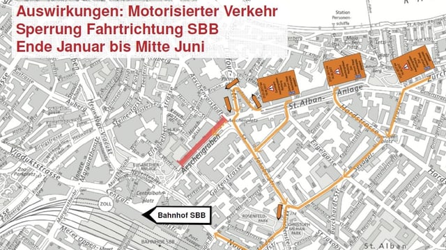 Strassenplan mit eingezeichneten Umleitungen für den motorisierten Verkehr. Strassenplan mit eingezeichneten Umleitungen für den motorisierten Verkehr.