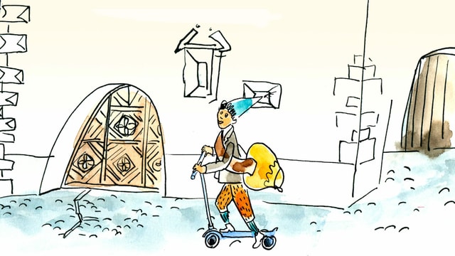 Schellen-Ursli fährt mit einem Scooter durch das Dorf. Schellen-Ursli fährt mit einem Scooter durch das Dorf.