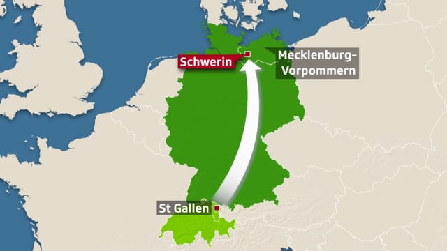 Europakarte, darauf ist St.Gallen und Schwerin in Mecklenburg-Vorpommern eingezeichnet. Europakarte, darauf ist St.Gallen und Schwerin in Mecklenburg-Vorpommern eingezeichnet.