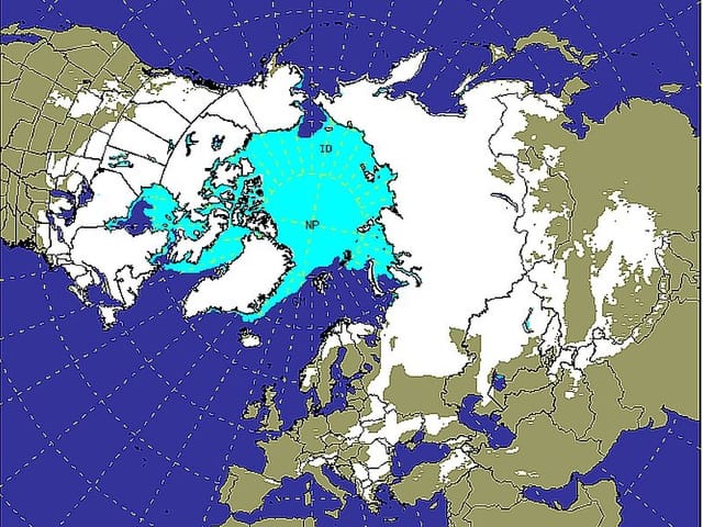 Blaue und weisse Flächen zeigen auf den Kontinenten die aktuell mit Eis und Schnee bedeckten Areale. Blaue und weisse Flächen zeigen auf den Kontinenten die aktuell mit Eis und Schnee bedeckten Areale.