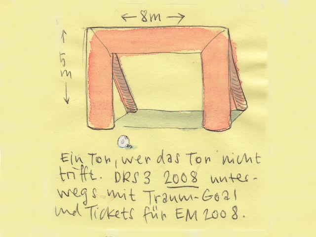 Zu sehen ist ein gezeichnetes Fussball-Tor in Übergrösse. 8 Meter breit und 5 Meter hoch. Davor liegt ein kleiner Ball.