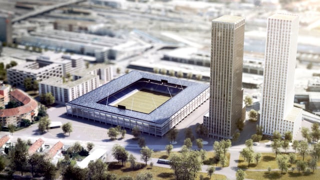Ein Stadion, zwei Wohnhochhäusern und eine Genossenschaftssiedlung. Ein Stadion, zwei Wohnhochhäusern und eine Genossenschaftssiedlung.