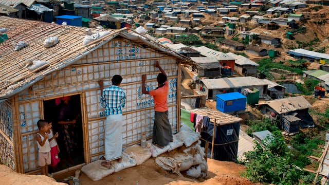 Flüchtlinge bauen eine Hütte zusammen Flüchtlinge bauen eine Hütte zusammen