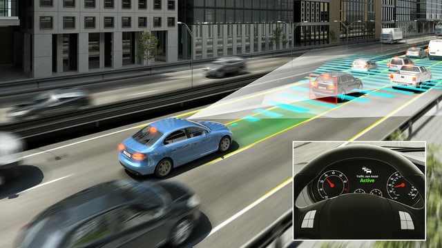 Das Bild zeigt eine Illustration des Stau-Assistenten von Bosch. Das Bild zeigt eine Illustration des Stau-Assistenten von Bosch.