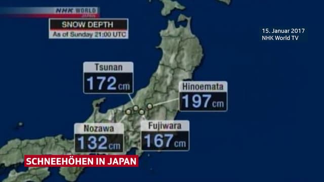 Auf einer Karte von Japan sind die aktuellen Schneehöhen eingetragen.