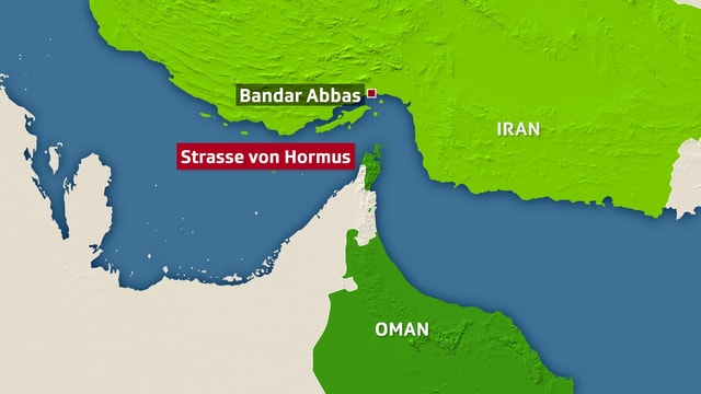Man sieht eine Karte auf der die Strasse von Hormus und der Hafen von Bandar Abbas eingezeichnet ist. Man sieht eine Karte auf der die Strasse von Hormus und der Hafen von Bandar Abbas eingezeichnet ist.