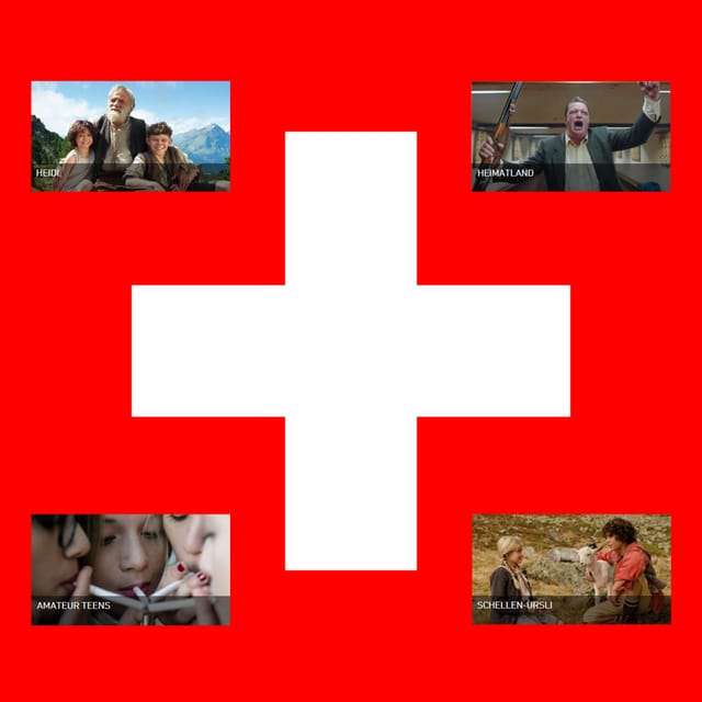 Das Schweizerkreuz, umrandet von vier einheimischen «Heimatfilmen». Das Schweizerkreuz, umrandet von vier einheimischen «Heimatfilmen».