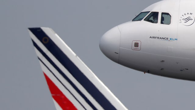 Bug eines Air-France-Flugzeugs, dahinter die Heckflosse einer andern Air-France-Maschine Bug eines Air-France-Flugzeugs, dahinter die Heckflosse einer andern Air-France-Maschine
