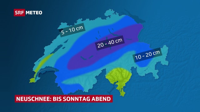 Auf der Schweizkarte flächige und färbige Darstellung der zu erwrateten Neuschneesumme bis Sonntagabend Auf der Schweizkarte flächige und färbige Darstellung der zu erwrateten Neuschneesumme bis Sonntagabend