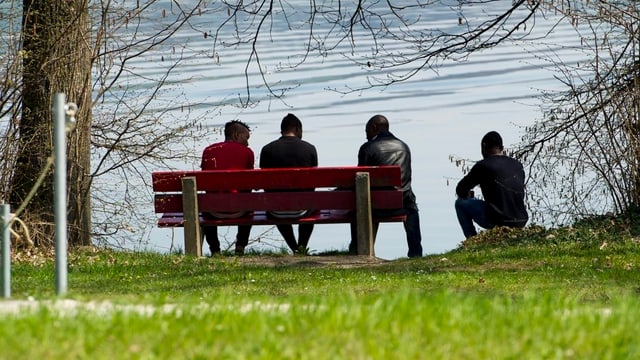 Asylsuchende sitzen auf einer Bank am Ufer eines Sees Asylsuchende sitzen auf einer Bank am Ufer eines Sees