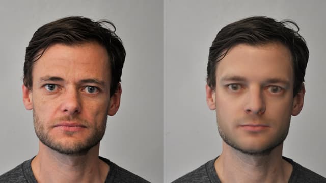 Zwei Porträts derselben Person, links als Fotografie, rechts als vom Computer berechnetes Bild. Zwei Porträts derselben Person, links als Fotografie, rechts als vom Computer berechnetes Bild.