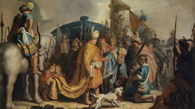 ein Gemälde von einem Mann in orientalischem Gewand und ein Mann, der vor ihm kniet ein Gemälde von einem Mann in orientalischem Gewand und ein Mann, der vor ihm kniet