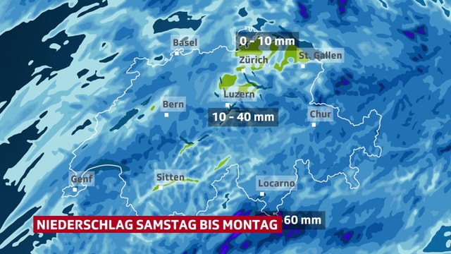 Schweizer Karte, Ostschweiz 0 - 10 mm, Alpen 10 - 40 mm, Süden 40 - 60 mm Regen. Schweizer Karte, Ostschweiz 0 - 10 mm, Alpen 10 - 40 mm, Süden 40 - 60 mm Regen.