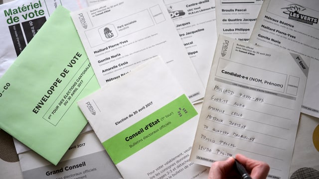 Jemand füllt Wahlzettel aus. Jemand füllt Wahlzettel aus.