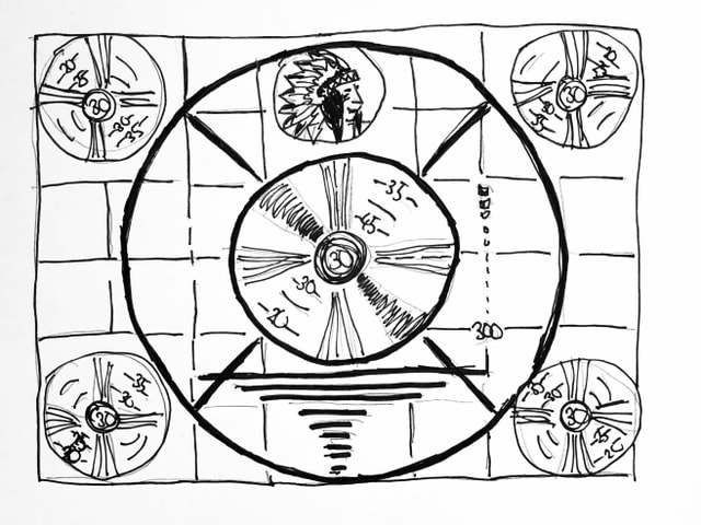 Die Skizze des Indian-Head-Testbilds. Erinnert an Zielscheibe mit Zahlen und einem Indianerkopf oben. Die Skizze des Indian-Head-Testbilds. Erinnert an Zielscheibe mit Zahlen und einem Indianerkopf oben.