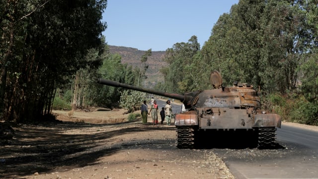 Ein ausgebrannter Panzer steht auf einer Strasse, die durch einen Wald führt. Auf dem schmalem Streifen Erde daneben laufen Frauen mit Kindern. Ein ausgebrannter Panzer steht auf einer Strasse, die durch einen Wald führt. Auf dem schmalem Streifen Erde daneben laufen Frauen mit Kindern.