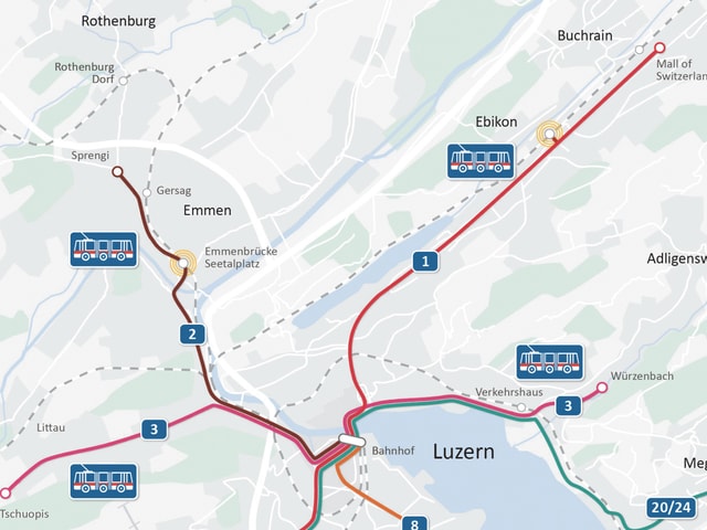 Eine Karte, welche das Busnetz in der Agglomeration zeigt. Eine Karte, welche das Busnetz in der Agglomeration zeigt.
