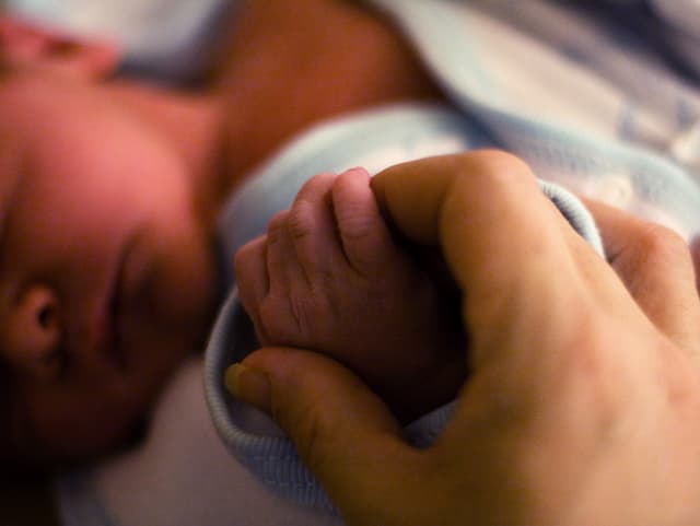 Die Hand eines Erwachsenen hält die Hand eines Neugeborenen. Die Hand eines Erwachsenen hält die Hand eines Neugeborenen.