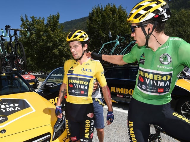Primoz Roglic fuhr die Etappe am Samstag trotz seinem Sturz ohne Zeitverlust zu Ende. Primoz Roglic fuhr die Etappe am Samstag trotz seinem Sturz ohne Zeitverlust zu Ende.