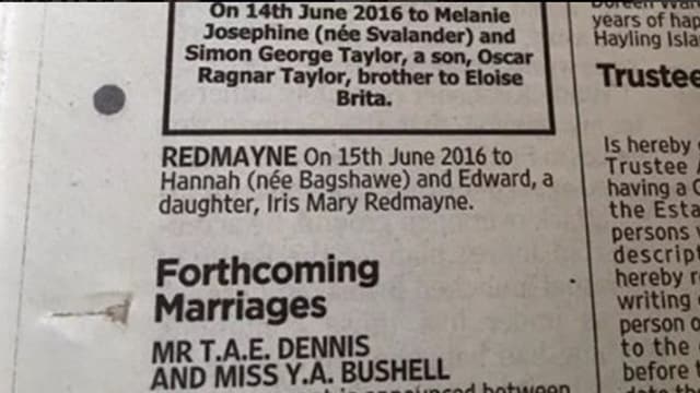 Zeitungsinserate von der Geburt Eddie Redmaynes Tochter Zeitungsinserate von der Geburt Eddie Redmaynes Tochter