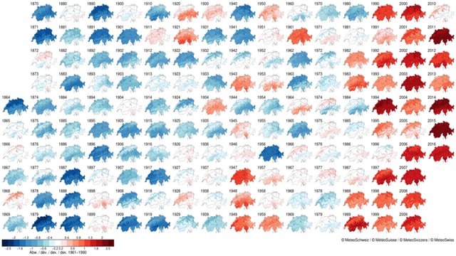 Viele kleine Schweizerkarten. Von blau über weiss bis rot gibt es alle Farben, je nach Temperatur im betreffenden Jahr. Links mehr blaue Jahre in der Vergangenheit und rechts immer mehr rote Jahre. Viele kleine Schweizerkarten. Von blau über weiss bis rot gibt es alle Farben, je nach Temperatur im betreffenden Jahr. Links mehr blaue Jahre in der Vergangenheit und rechts immer mehr rote Jahre.
