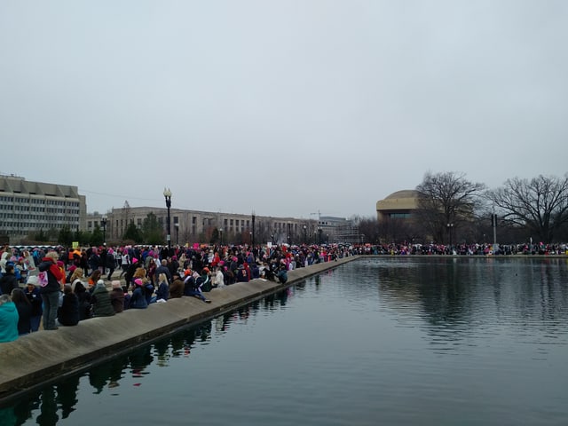 Demonstrantinnen sitzen an einem Weiher in Washington D.C.