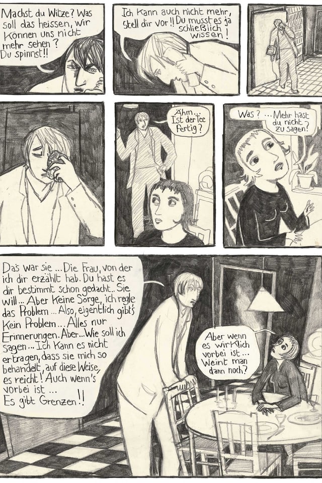 Ein Comic-Ausschnitt mit sieben Bildern. Ein Comic-Ausschnitt mit sieben Bildern.