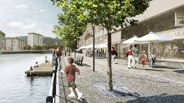 Visualisierung des St.-Karli-Quais nach der Umgestaltung: Eine Strasse mit Pflastersteinen und Bäumen am Reussufer. Visualisierung des St.-Karli-Quais nach der Umgestaltung: Eine Strasse mit Pflastersteinen und Bäumen am Reussufer.
