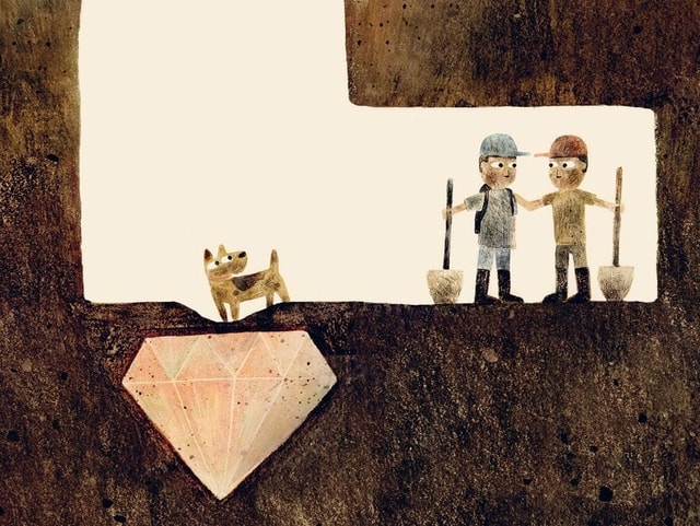 Eine Illustration mit zwei Männern mit Schaufeln in einem Erdloch. Ihr Hund ist auch dabei. Eine Illustration mit zwei Männern mit Schaufeln in einem Erdloch. Ihr Hund ist auch dabei.