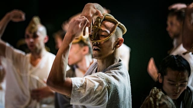Ein Tänzer mit einer Maske aus goldenen Balken. Ein Tänzer mit einer Maske aus goldenen Balken.