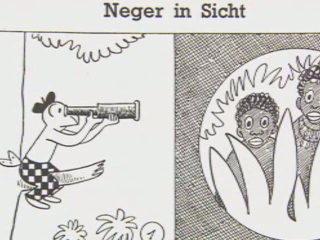 Globi sitzt auf Ast und beobachtet "Neger" im Busch