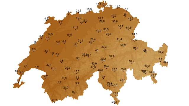 Eine Karte zeigt, dass in den Alpen und im Süden recht viel Regen fiel. Eine Karte zeigt, dass in den Alpen und im Süden recht viel Regen fiel.