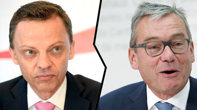 Zwischen den Potraits von SVP-Ständeratskandidat Hans-Ueli Vogt (links) und FDP-Kandidat Ruedi Noser verläuft ein Bruch. 