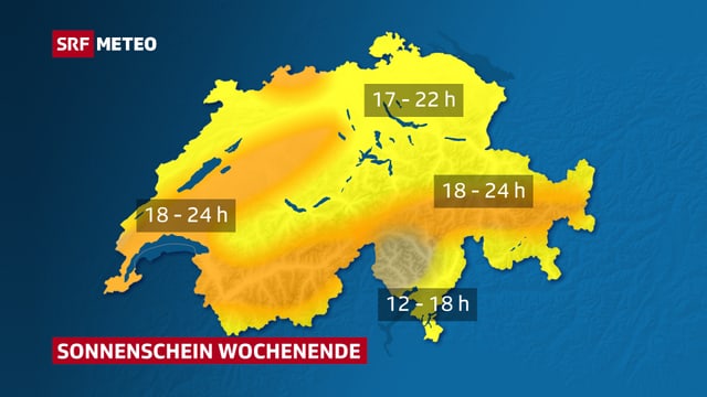 Schweizer Karte mit Sonnenscheindauer fürs Wochenende Schweizer Karte mit Sonnenscheindauer fürs Wochenende