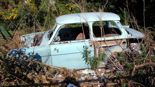 Ein Trabant liegt schrottreif im Gebüsch. Ein Trabant liegt schrottreif im Gebüsch.
