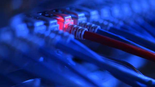 Ein Netzwerkkabelstecker leuchtet in einer Netzwerkzentrale rot Ein Netzwerkkabelstecker leuchtet in einer Netzwerkzentrale rot